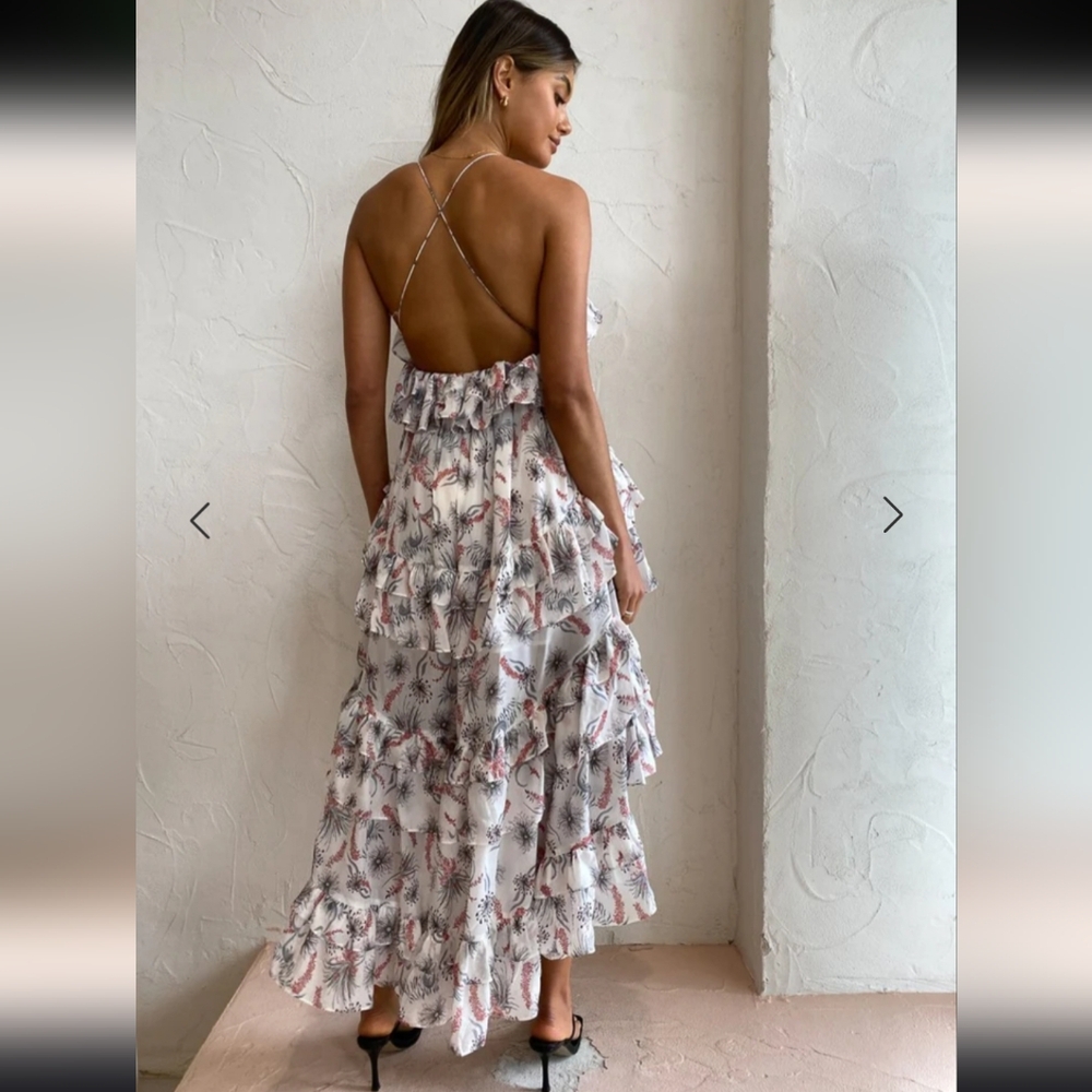 Magali Pascal Open Back Ruffle High-Low Celesta Wild Flower Dress